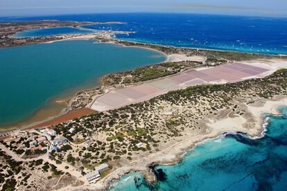 Los flamencos son parroquianos habituales y marca de la casa del parque natural de Ses Salines d'Eivissa i Formentera, que alberga unas 210 especies de aves, entre ellas, la garza, la cigüeñela o el tarro blanco (una anátida con un aspecto intermedio entre un pato y un ánsar). Comprende casi todo el vértice sur de Ibiza, el norte de Formentera y los islotes que separan ambas islas. Y recorre salinas que ya explotaban los cartagineses allá por el siglo V a. C. Una sucesión de ecosistemas con la sal como gran protagonista donde conviven comunidades animales y vegetales endémicas. En la foto, laguna de Pudent, en Formentera.