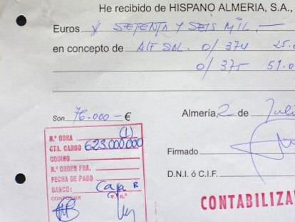 Uno de los cheques de Hispano Almer&iacute;a a nombre de Alfonso Salmer&oacute;n.