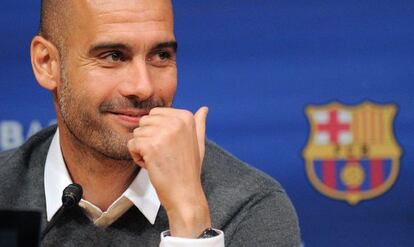 Guardiola en la rueda de prensa en la que anunci&oacute; su despedida