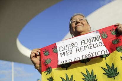 A Brazilian woman marches in support of the legalization of marijuana.