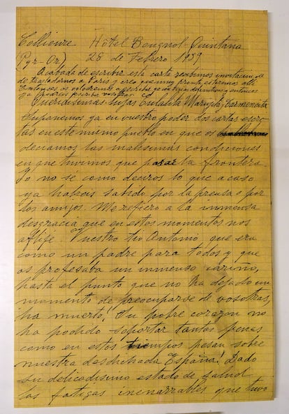 Carta de Matea Monedero, esposa de José Machado, en la que anuncia a sus tres hijas el fallecimiento de Antonio Machado. 