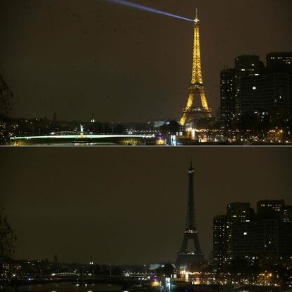 Un combo muestra la Torre Eiffel en París antes y después para la campaña ambiental Hora de la Tierra el 19 de marzo de 2016.