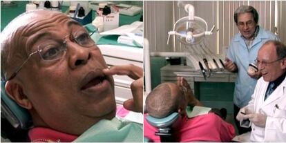 A la izquierda, Chucho Valdés, en el dentista. A la derecha, el artista (de espaldas), el dentista Mario Gallo y el protésico dental Osmani Valdés, durante el rodaje de 'Música para vivir'.