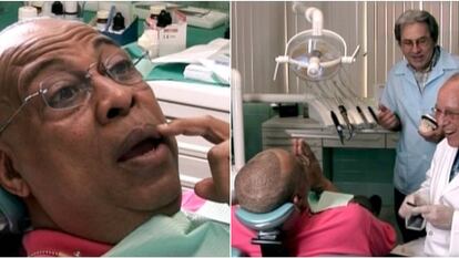 A la izquierda, Chucho Valdés, en el dentista. A la derecha, el artista (de espaldas), el dentista Mario Gallo y el protésico dental Osmani Valdés, durante el rodaje de 'Música para vivir'.