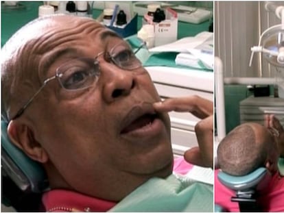 A la izquierda, Chucho Valdés, en el dentista. A la derecha, el artista (de espaldas), el dentista Mario Gallo y el protésico dental Osmani Valdés, durante el rodaje de 'Música para vivir'.