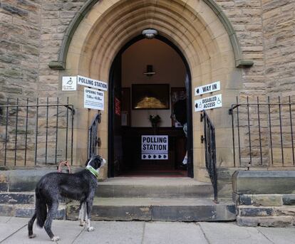 Un perro espera en el exterior de un centro electoral en Saltburn-by-the-Sea, Reino Unido.