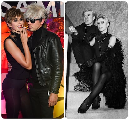 Austin Butler y Kaia Gerber (izquierda) disfrazados de Andy Warhol y su musa, Edie Sedgwick (derecha), el 31 de octubre de 2023.