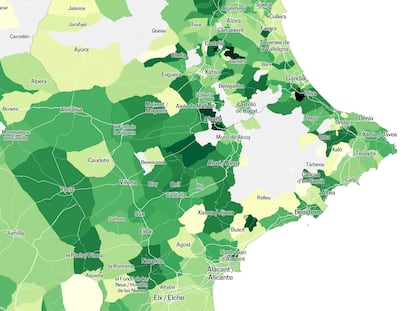 Un detalle del mapa con el gasto en educación que realiza cada municipio