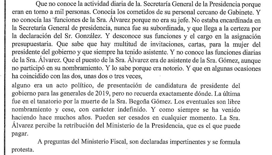 Extracto de la exposición razonada del juez Juan Carlos Peinado en el que se refiere erróneamente a la muerte de Begoña Gómez, esposa del presidente del Gobierno.