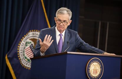 Jerome Powell, presidente de la Reserva Federal, en una rueda de prensa este miércoles.