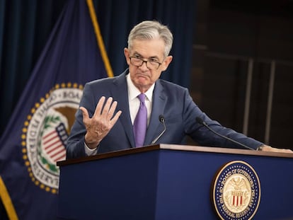 Jerome Powell, presidente de la Reserva Federal, en una rueda de prensa este miércoles.