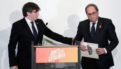 El presidente de la Generalitat, Quim Torra, junto con el expresidente Carles Puigdemont.