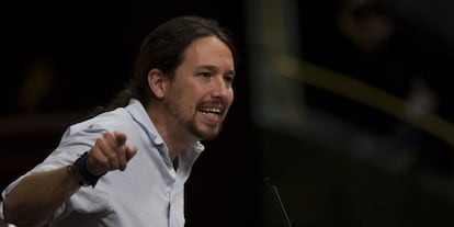 Podemos leader Pablo Iglesias, addresses Rajoy in Congress.