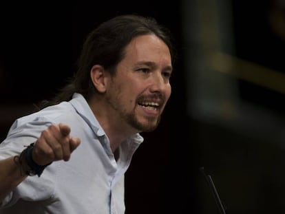 Podemos leader Pablo Iglesias, addresses Rajoy in Congress.