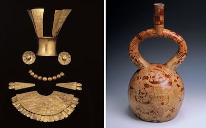 Dos de las piezas que se pueden ver en la exposici&oacute;n sobre los mochicas: Pectoral, corona y orejeras y vasija con decoraci&oacute;n del sacrificio ritual.