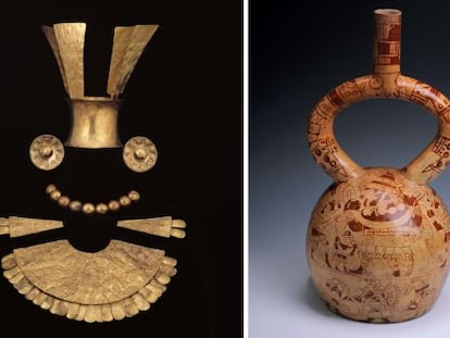 Dos de las piezas que se pueden ver en la exposici&oacute;n sobre los mochicas: Pectoral, corona y orejeras y vasija con decoraci&oacute;n del sacrificio ritual.