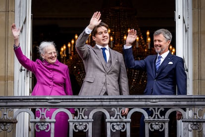 Queen Margrethe II of Denmark, Prince Christian, and the heir to the throne, Crown Prince Frederick, on the balcony of Amalienborg Palace in Copenhagen on October 15, 2023.