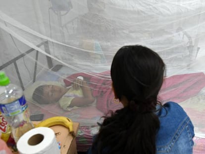 Un niño enfermo de dengue es tratado en la unidad especial del hospital universitario de Tegucigalpa (Honduras), el 3 de julio de 2019. Honduras ha declarado el estado de emergencia nacional por estas fiebres, que ya han costado la vida a 44 personas en lo que va de 2019. 