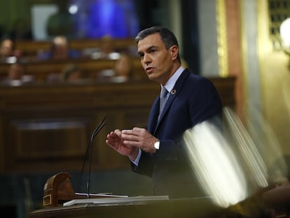 El presidente del Gobierno, Pedro Sánchez, durante su discurso que ha dado inicio al debate sobre el estado de la nación.