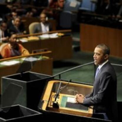 El presidente estadounidense, Barack Obama, pronuncia unas palabras durante la primera jornada del 65 periodo de debates de la Asamblea General de las Naciones Unidas, en el que los líderes pasarán revista a la situación política y económica internacional, en Nueva York
