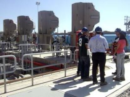 Varias personas junta a las nuevas torres de la Central Nuclear de Almaraz (CNA) encargadas de refrigerar durante seis meses al año las aguas del embalse de Arrocampo y que la temperatura del vertido de éste al embalse de Torrejón-Tajo sea inferior a los 30 grados como exige la normativa. EFE/Archivo