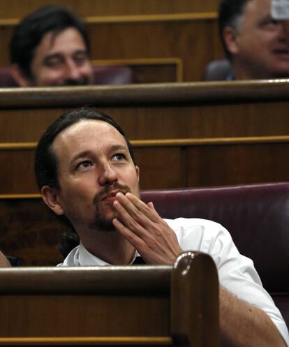 El líder de Podemos, Pablo Iglesias, durante la segunda sesión del debate de la moción de censura.