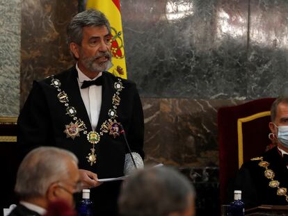 El presidente del Consejo General del Poder Judicial (CGPJ), Carlos Lesmes, interviene en presencia del Rey, en el acto de apertura del año judicial, el pasado 7 de septiembre.