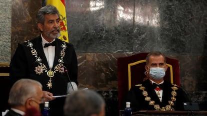 El presidente del Consejo General del Poder Judicial (CGPJ), Carlos Lesmes, interviene en presencia del Rey, en el acto de apertura del año judicial, el pasado 7 de septiembre.