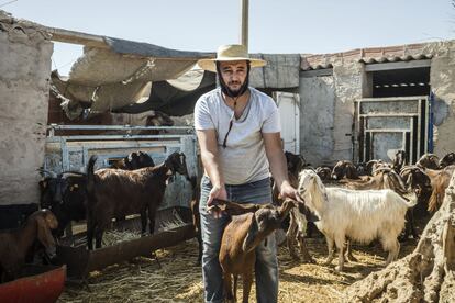 Mohamed Amine Attia, en un proyecto de ganadería para transformar la leche de cabra en quesos y requesón en Mellita (Túnez).