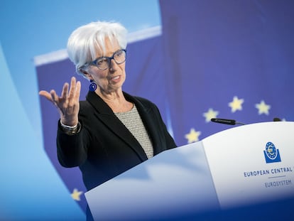 Christine Lagarde, presidenta del BCE, en rueda de prensa este mayo