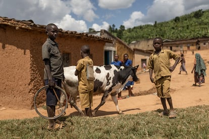 Cuando los niños pasan tiempo recogiendo agua, a menudo no van a la escuela. Se trata de un problema que afecta especialmente a las niñas, que asumen gran parte de las tareas domésticas. En la foto, unos niños en el distrito de Nyanza. 