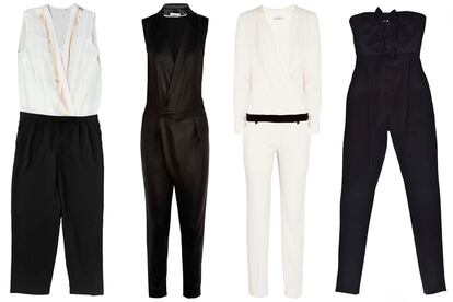 Si todavía no tienes uno de los 'hits' de la temporada te proponemos varios diseños basados en el binomio blanco y negro.
1. Mono bicolor con cenefa dorada en el escote de & Other Stories (175 euros) 2. Modelo en negro de J. Brand (595 euros) 3. Jumpsuit white decorado con un fajín negro de IRO (630 euros) 4. Diseño palabra de honor con detalle de lazos de Alicia Rueda (c.p.v).