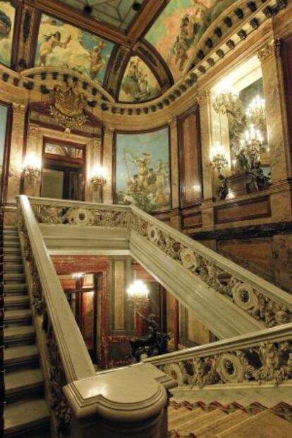 The ornate staircase at the entrance of the Linares Palace, which houses the Casa de América in Madrid.