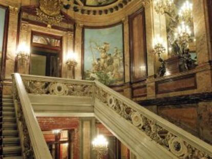 The ornate staircase at the entrance of the Linares Palace, which houses the Casa de América in Madrid.