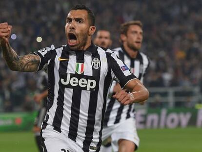 Tévez celebra el gol del 2-1 contra el Real Madrid en Turín