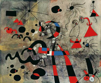 <i>La escalera de la evasión</i> es el nombre de la exposición y el de una de sus obras más célebres, realizada en 1940. Se encuentra en el MoMA de Nueva York. (© Successió Miró/ADAGP, París y DACS, Londres 2011). Miró se exilió a Francia pero volvió en 1940 ante el avance nazi. Desde entonces vivió el exilio interior en Mallorca hasta la muerte de Franco, en 1975.