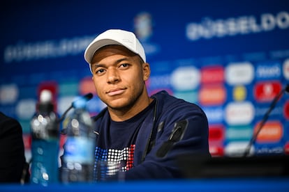 Kylian Mbappé during a press conference at Düsseldorf Arena on June 16, 2024.