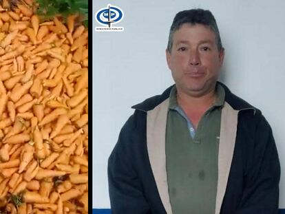 Ysnet Antonio Rodriguez Mambel, agricultor detenido por tirar alimentos, junto con un fotograma del video viral que protagonizó en Pueblo Llano de Mérida (Venezuela)