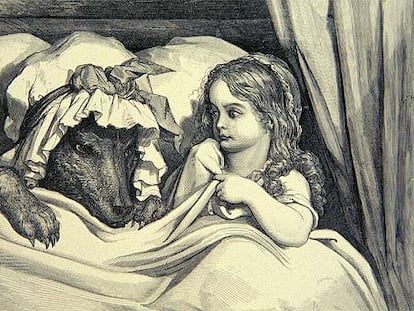 Detalle del grabado de Gustavo Doré sobre Caperucita Roja y el lobo.