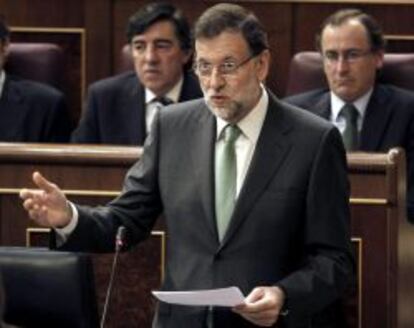 El presidente del Gobierno, Mariano Rajoy, durante su intervenci&oacute;n hoy en la sesi&oacute;n de control al Ejecutivo en el Congreso de los Diputados.