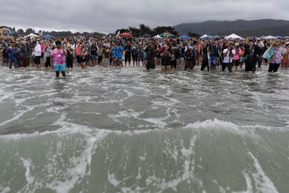 Integrantes de la prensa y el público durante el Campeonato Mundial de Surf Canino, el 6 de agosto de 2022.