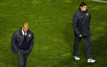 Pep Guardiola junto a Tito Vilanova, en el césped Vallecas.