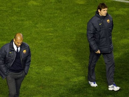 Pep Guardiola junto a Tito Vilanova, en el césped Vallecas.