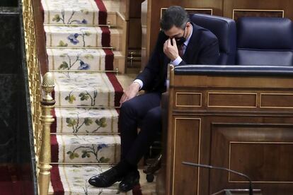 El presidente del Gobierno, Pedro Sánchez en la moción de censura de Vox al gobierno de coalición, este miércoles en el Congreso de los Diputados.