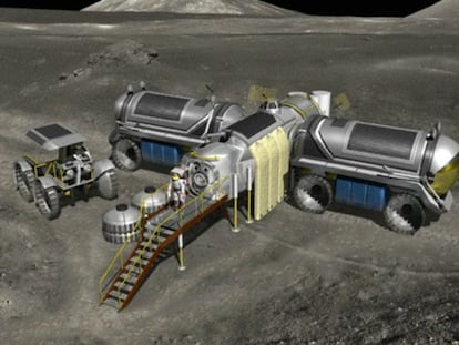 Dibujo de una base lunar de primera generación prevista en el programa Constellation de la NASA.