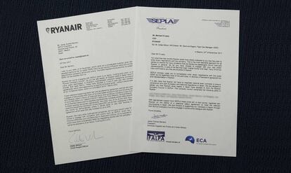 Cartas en las que el Sepla pide reconocimiento a su sección sindical en Ryanair y la compañía lo niega.