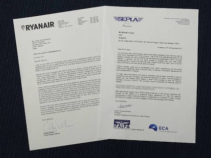 Cartas en las que el Sepla pide reconocimiento a su sección sindical en Ryanair y la compañía lo niega.