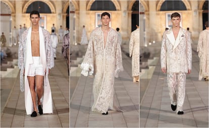 Tres de las salidas del desfile de Alta Sartoria en Ostuni de Dolce & Gabbana, el lunes 10 de julio.