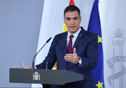 Pedro Sánchez, este martes en su comparecencia en La Moncloa tras su reunión con el Rey, dentro de la ronda de contactos de Felipe VI para la investidura.