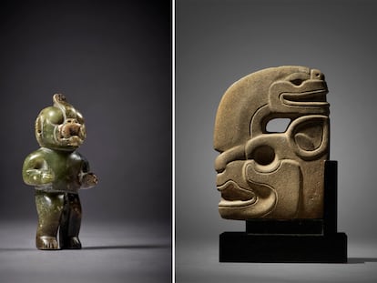 Una figura olmeca de piedra (izquierda) y una efigie maya en subasta en la casa Sotheby’s.